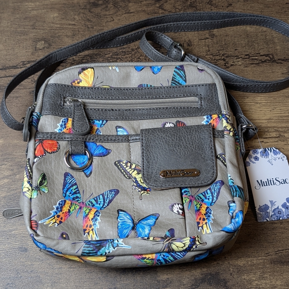 MultiSac Gray Butterfly Print Crossbody Bag